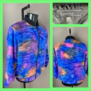 1990s / Y2K Multicolor Watercolor Print Silk Bomber Jacket - Medium